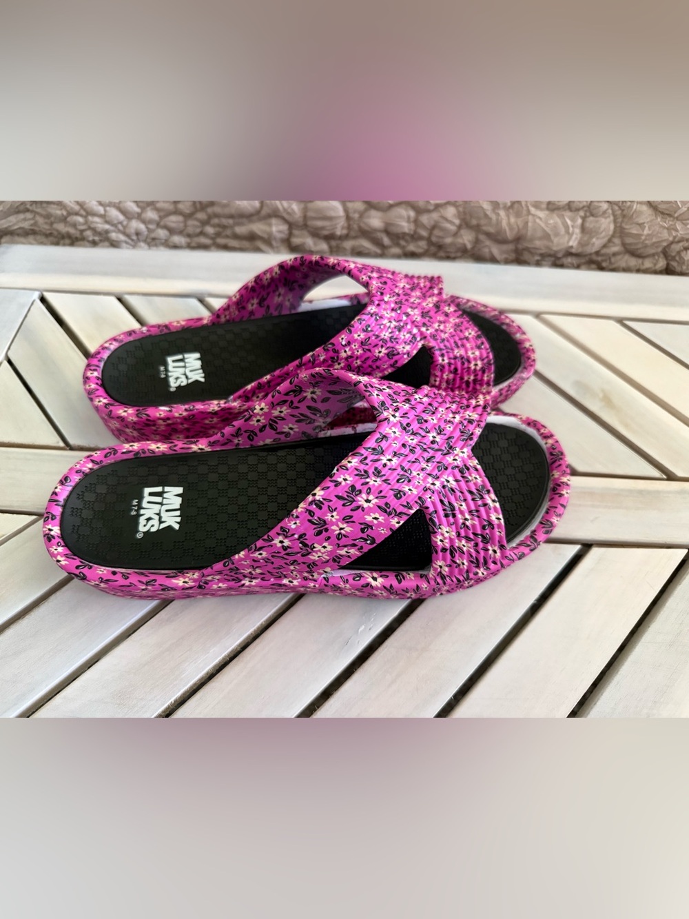 Muk Luks Pink Floral Slide Sandals
